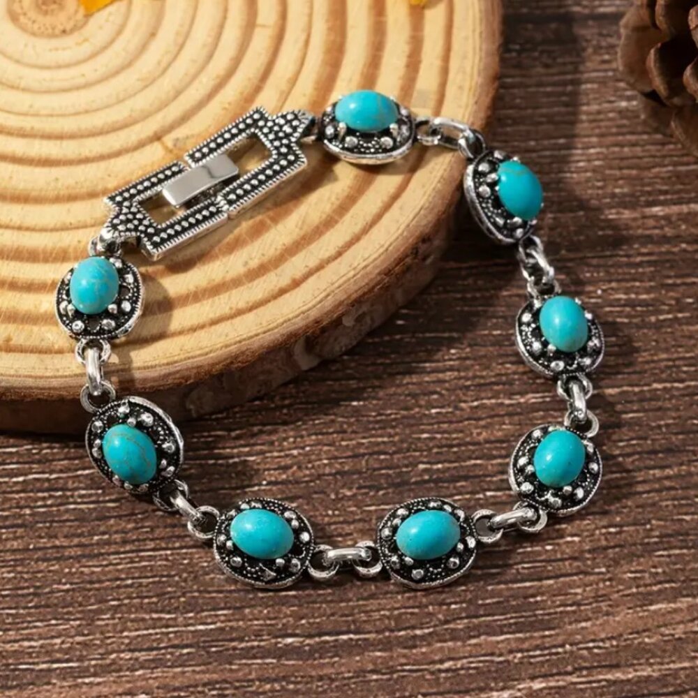 925 Sterling Silver Womens 8" Turquoise Gemstone Bracelet Ladies Ladies Jewelry